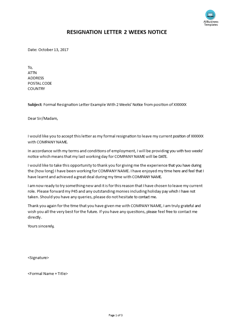 Formal Resignation Letter With 2 Weeks Notice | Templates At Regarding ...