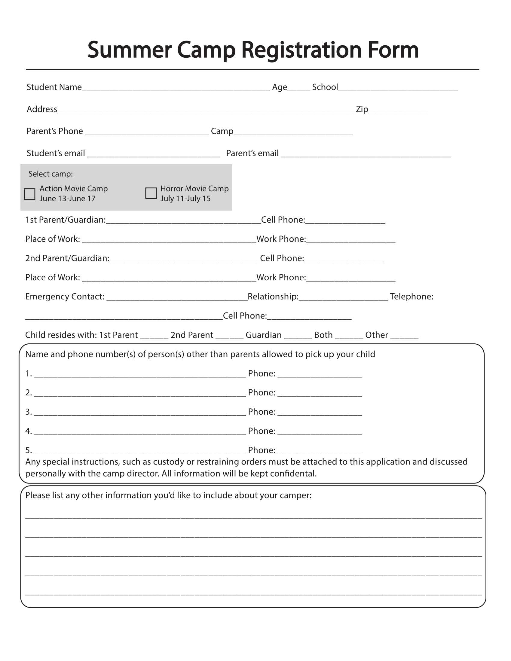 Free 11+ Printable Summer Camp Registration Forms In Pdf For School Registration Form Template Word