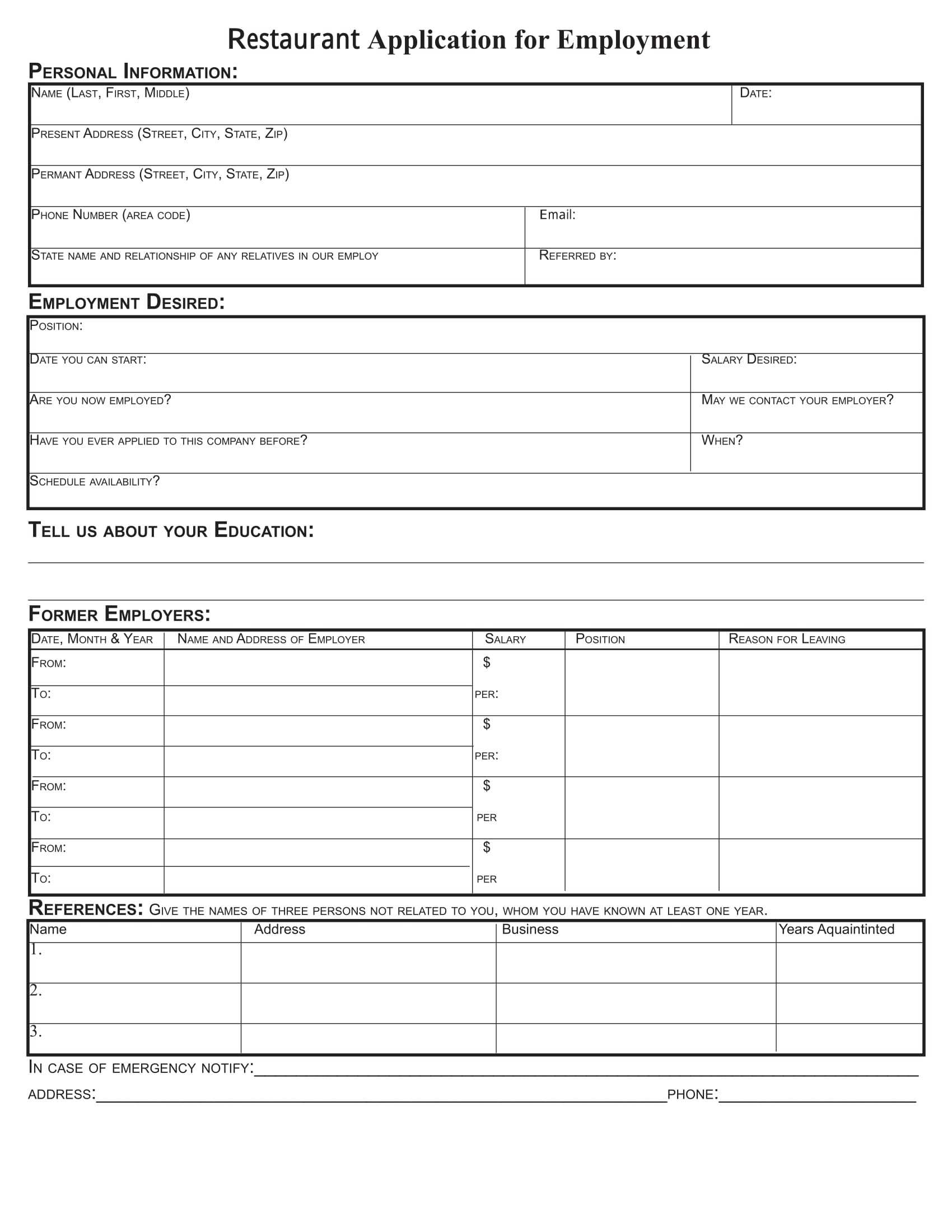 Free 8+ Restaurant Application Forms In Pdf | Ms Word With Regard To Job Application Template Word