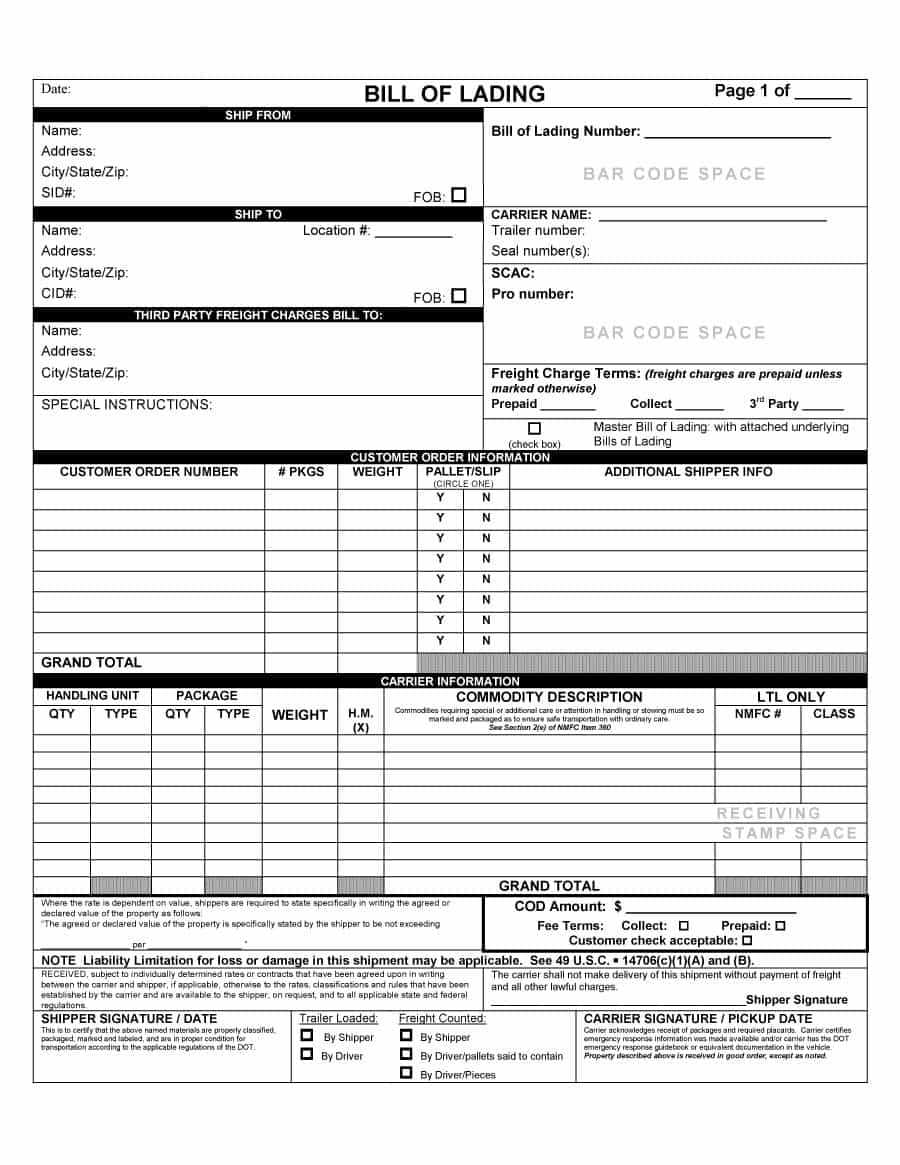 Free Bill Of Lading Template – Dalep.midnightpig.co In Blank Bol Template