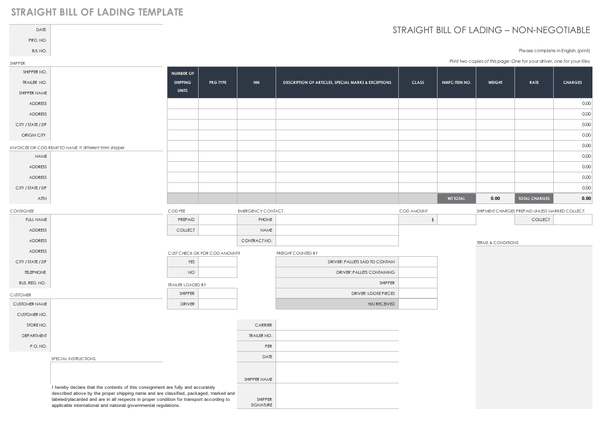 Free Bill Of Lading Templates | Smartsheet With Regard To Blank Bol Template