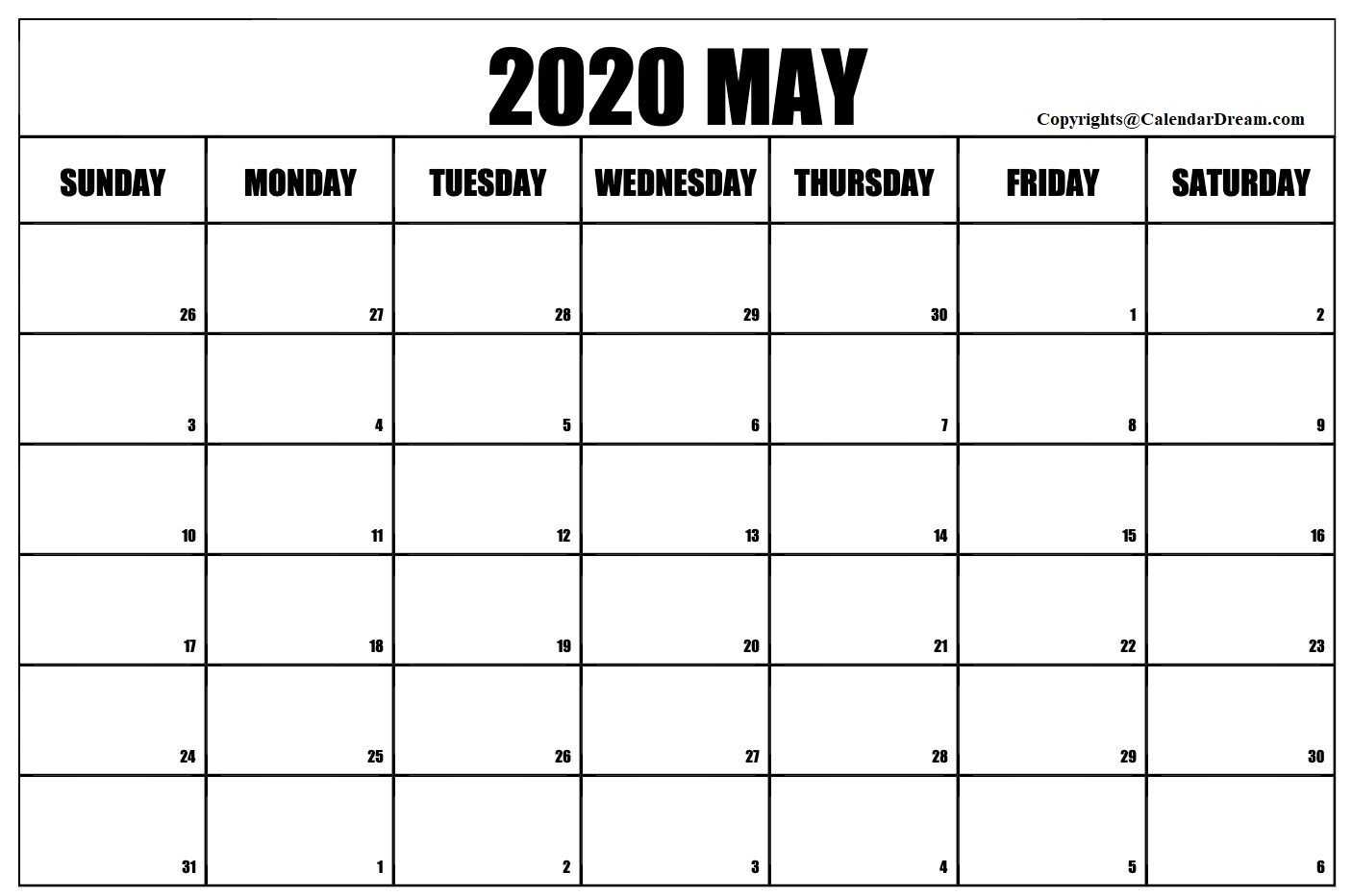 Free Blank May 2020 Printable Calendar Template [Pdf Regarding Blank Calendar Template For Kids