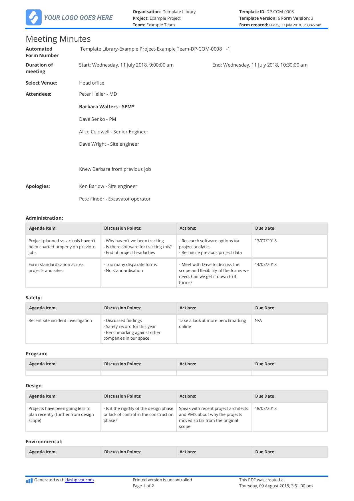 Free Construction Meeting Minutes Template (Better Than Throughout Corporate Minutes Template Word