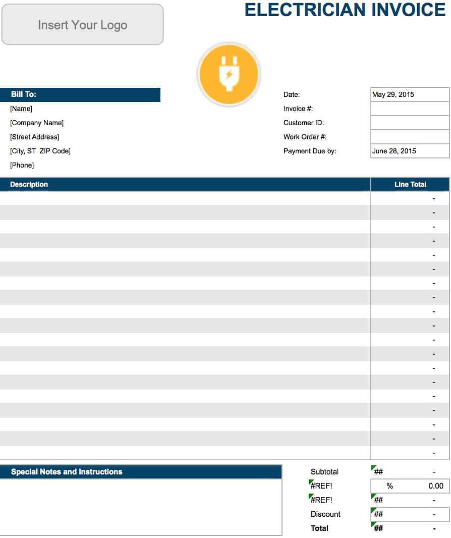Free Electrician Invoice Template | Pdf | Word | Excel Throughout Free Printable Invoice Template Microsoft Word