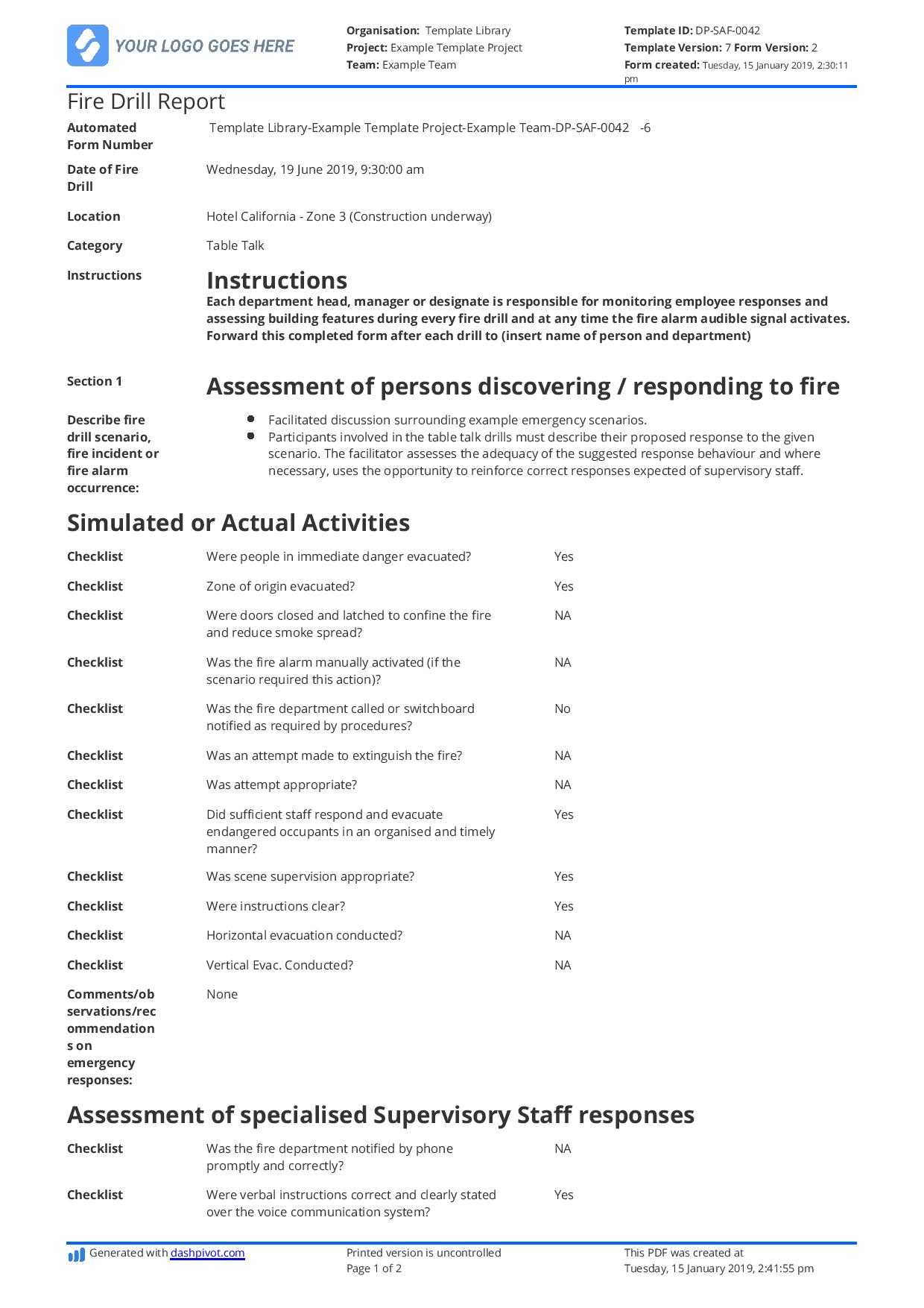 Free Fire Drill Report Template – Use, Customise, Download In Emergency Drill Report Template