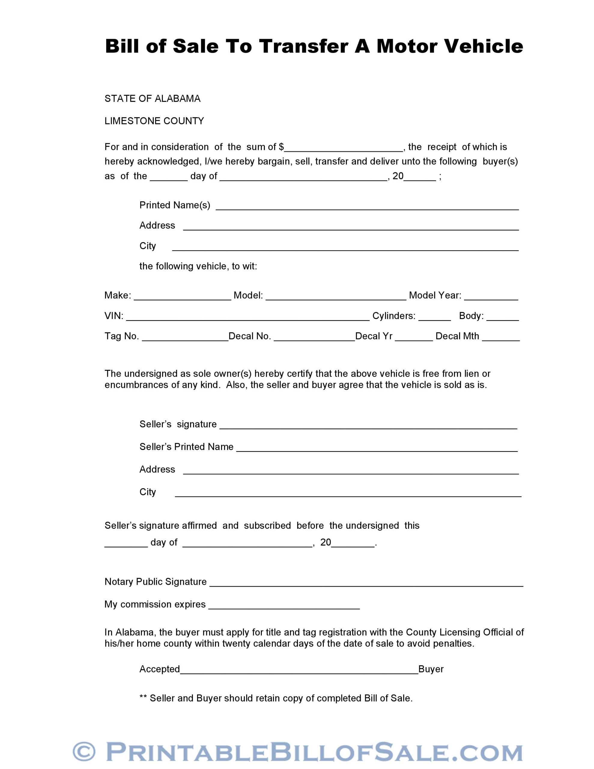 Free Limestone County Alabama Vehicle Bill Of Sale Form Within Vehicle Bill Of Sale Template Word