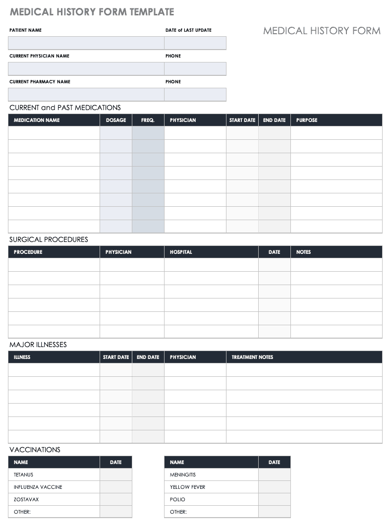 Free Medical Form Templates | Smartsheet Within Medical History Template Word