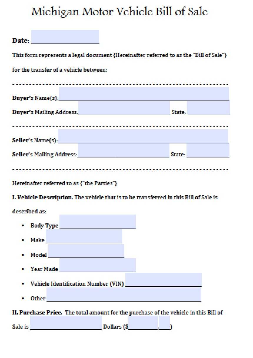 Free Michigan Motor Vehicle Bill Of Sale Form | Pdf | Word With Regard ...