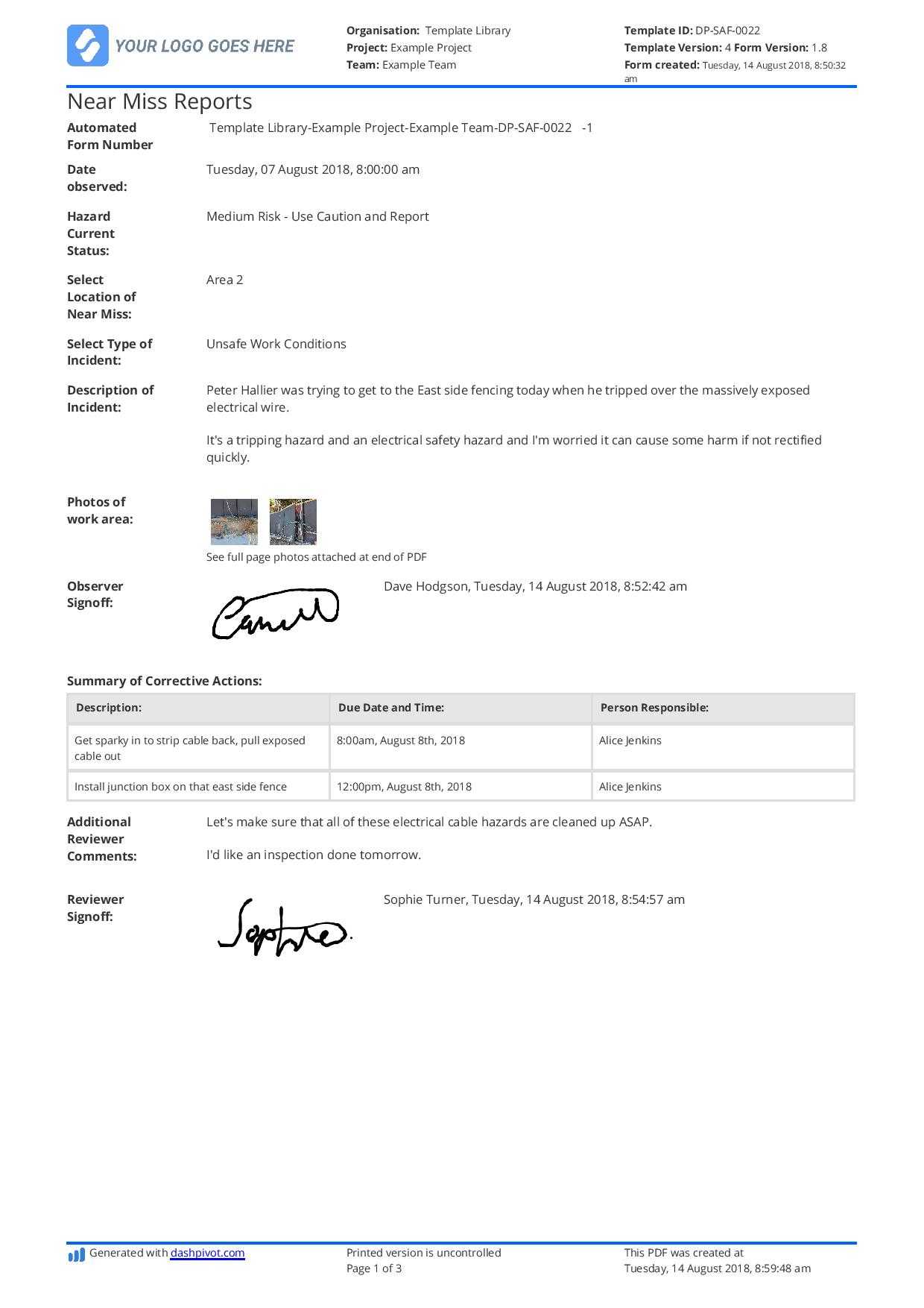 Free Near Miss Reporting Template (Easily Customisable) Regarding Near Miss Incident Report Template