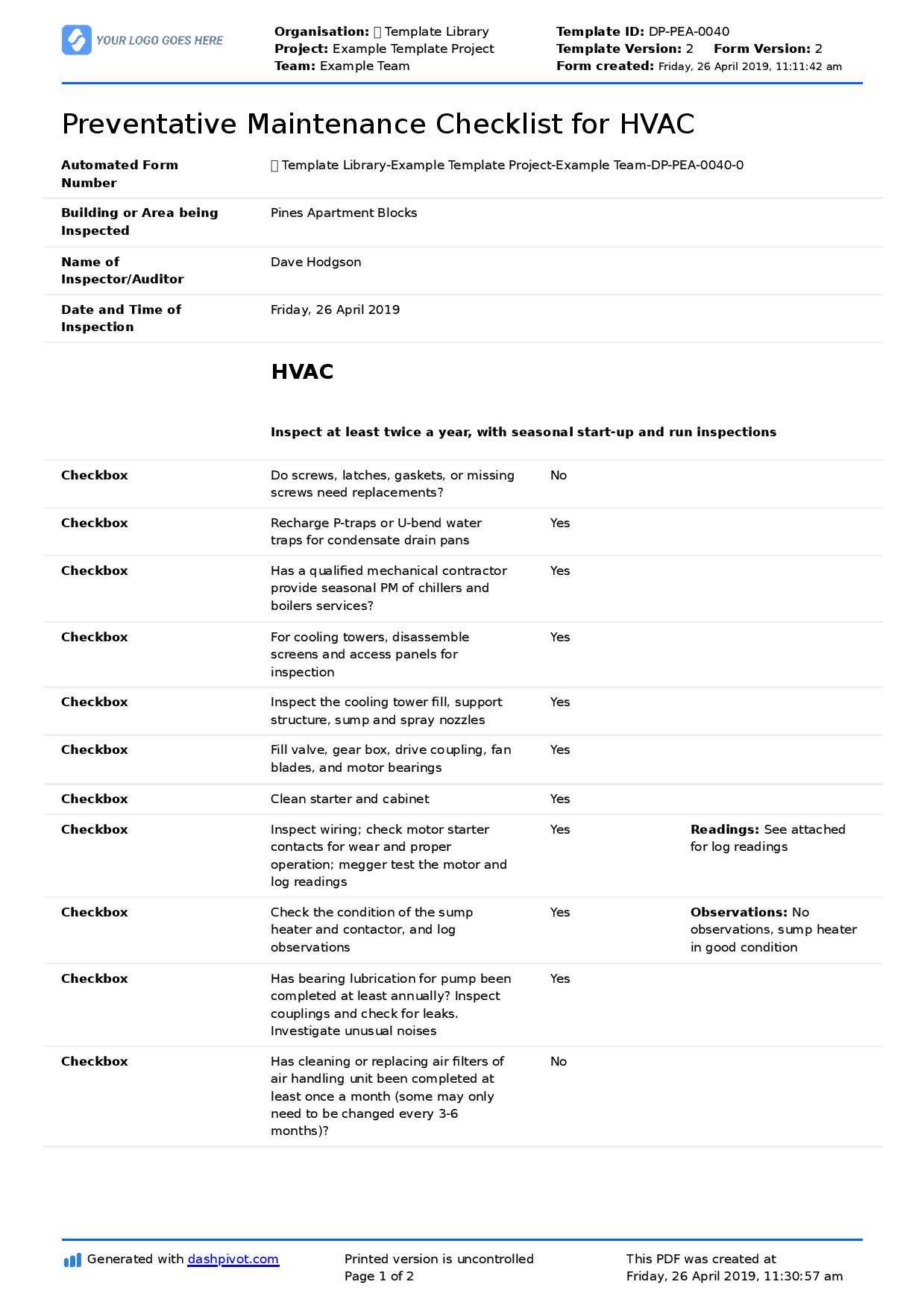 Free Preventative Maintenance Checklist For Hvac Regarding Computer Maintenance Report Template