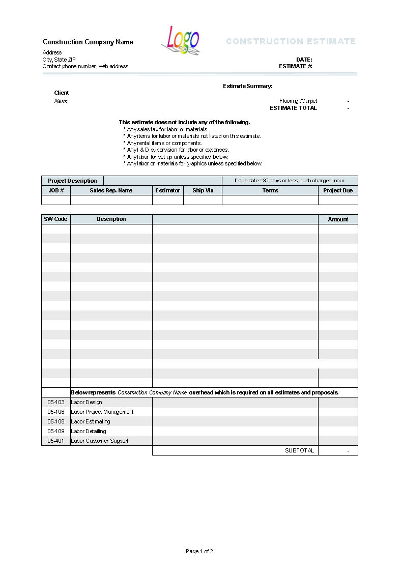 Free Printable Estimate Forms Template – Calep.midnightpig.co Intended For Blank Estimate Form Template