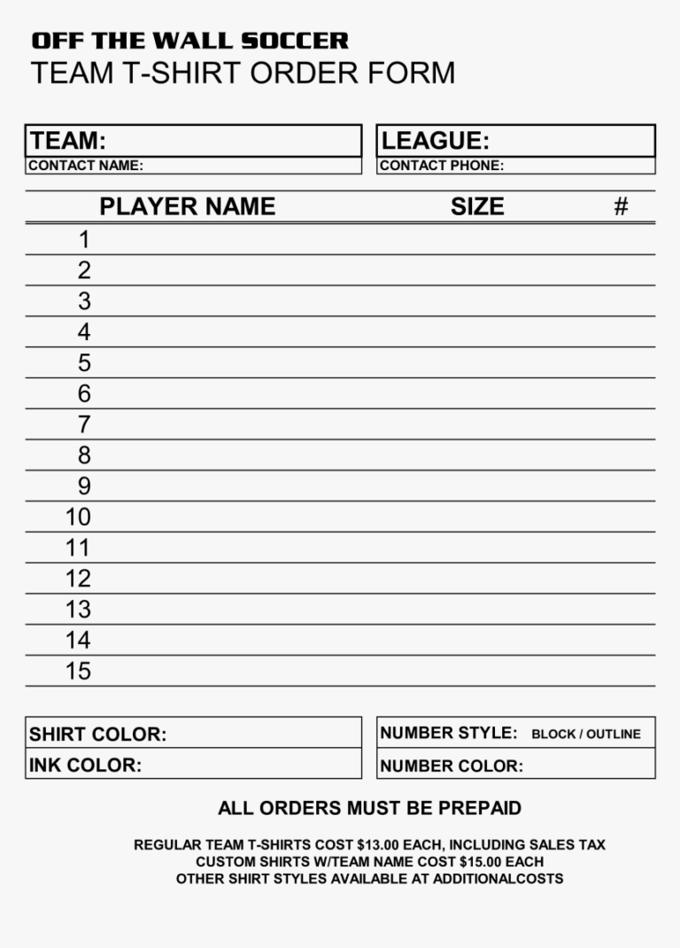 Free Soccer Team T Shirt Order Form Template Templates – T for Blank T ...