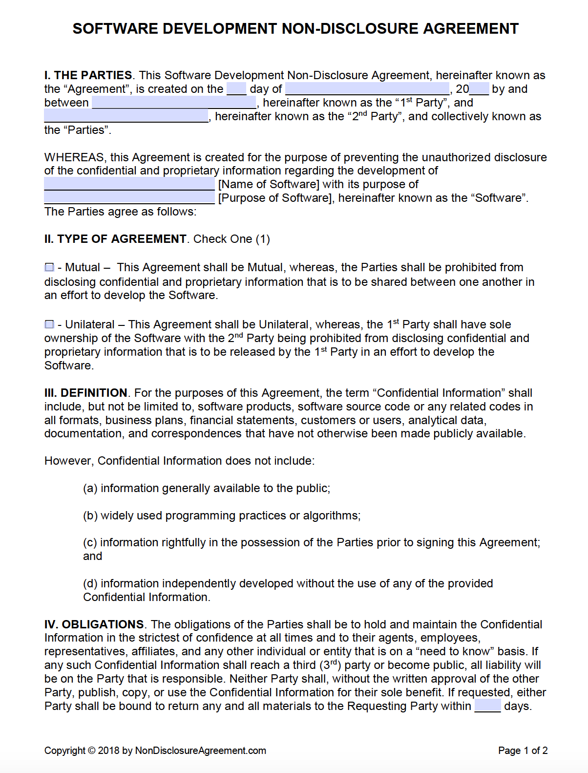 Free Software Development Non Disclosure Agreement (Nda Throughout Nda Template Word Document