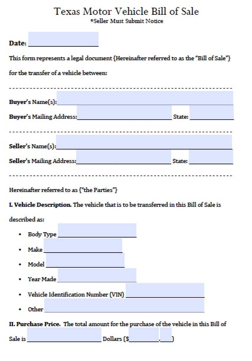 Free Texas Motor Vehicle Bill Of Sale Form | Pdf | Word (.doc) With Regard To Car Bill Of Sale Word Template