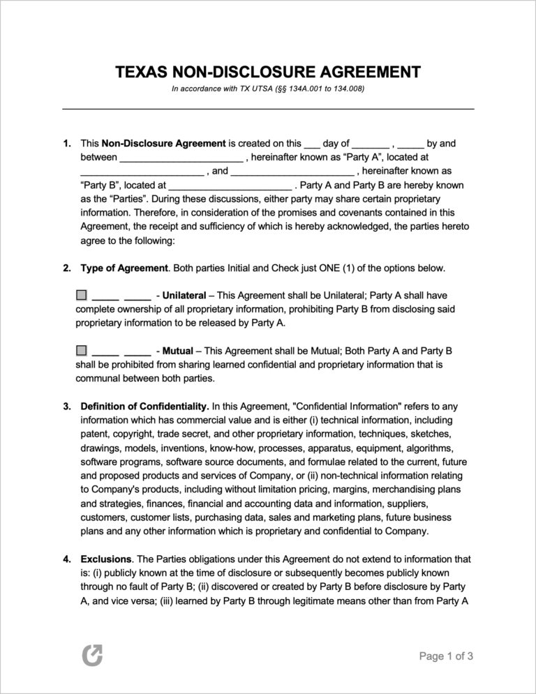 Free Texas Non Disclosure Agreement (Nda) Pdf Word With Regard To