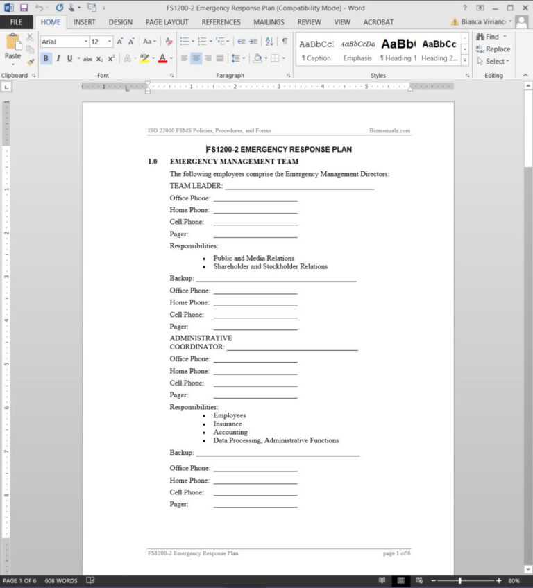 Fsms Emergency Response Plan Template 