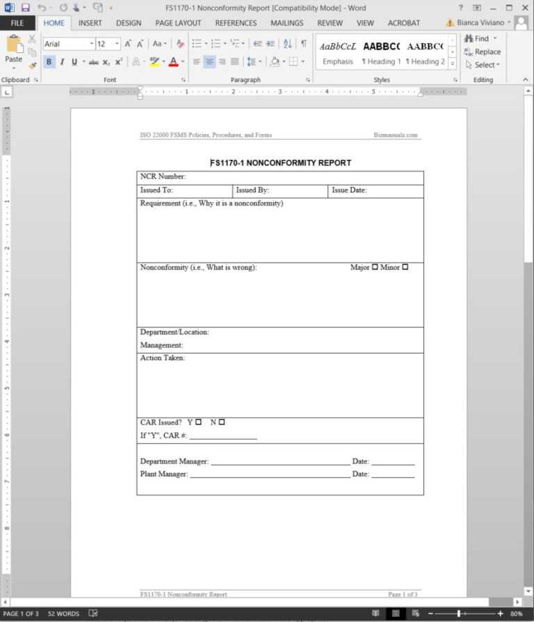 Fsms Nonconformity Report Template | Fds1170 1 With Internal Audit ...