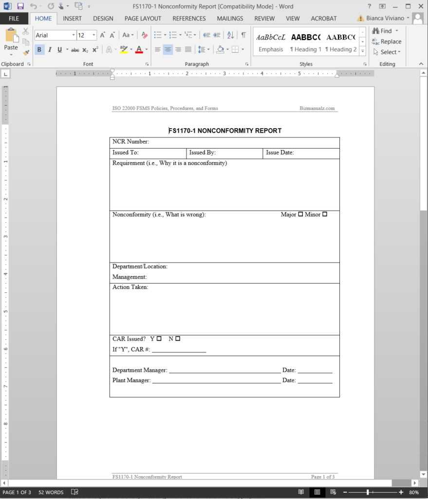 Fsms Nonconformity Report Template | Fds1170 1 With Internal Audit Report Template Iso 9001