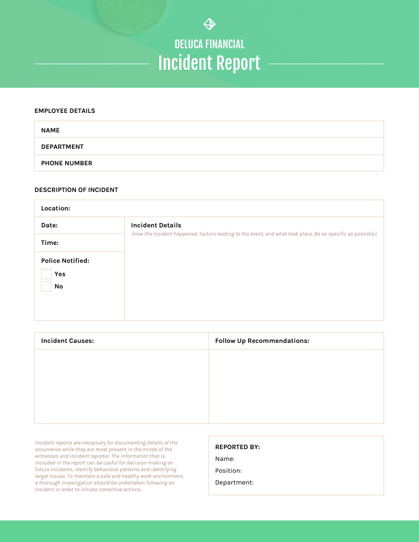 Green Incident Report Template Pertaining To Employee Incident Report Templates