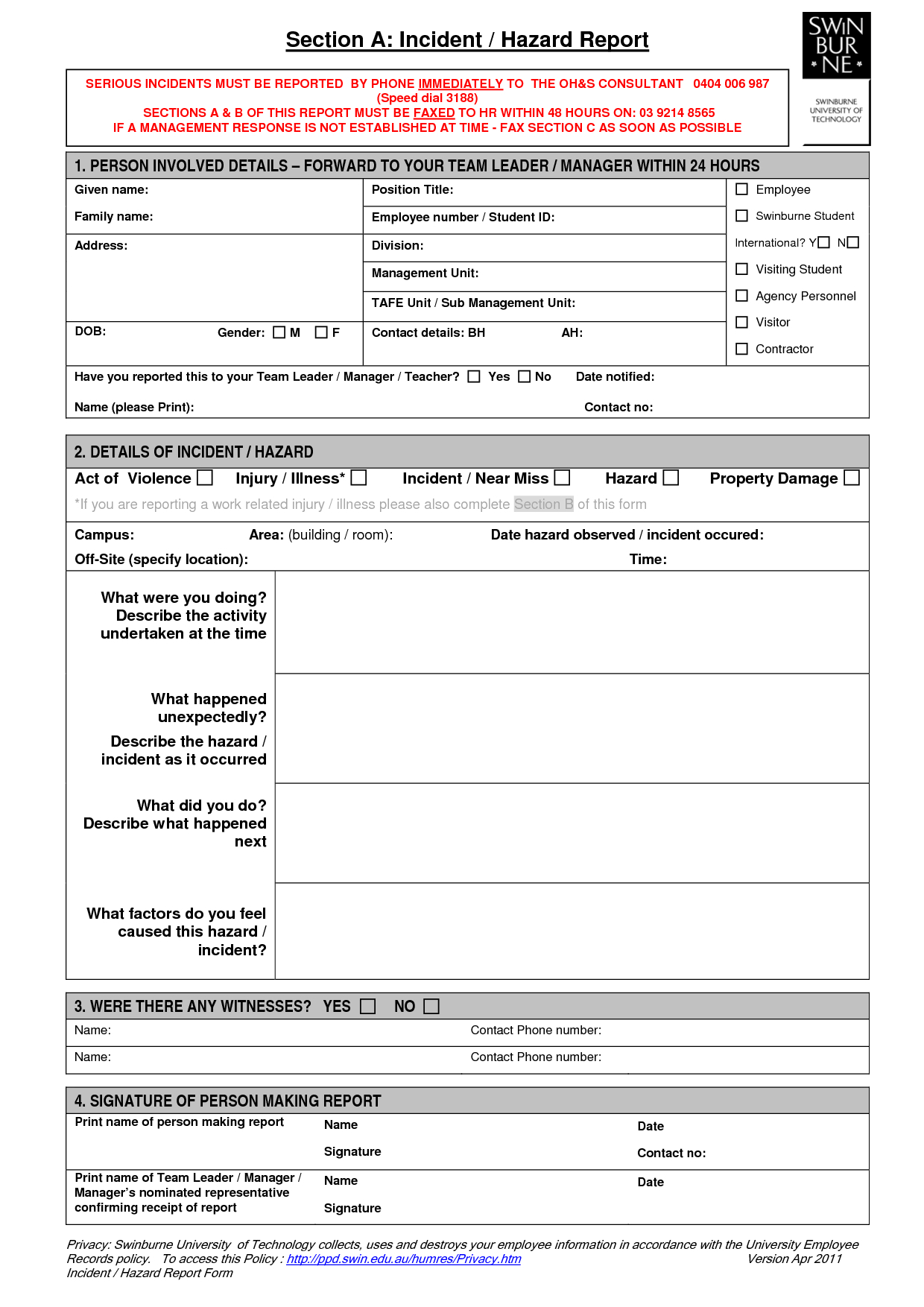 Hazard Incident Report Form Template – Business Template Ideas With Regard To Hazard Incident Report Form Template