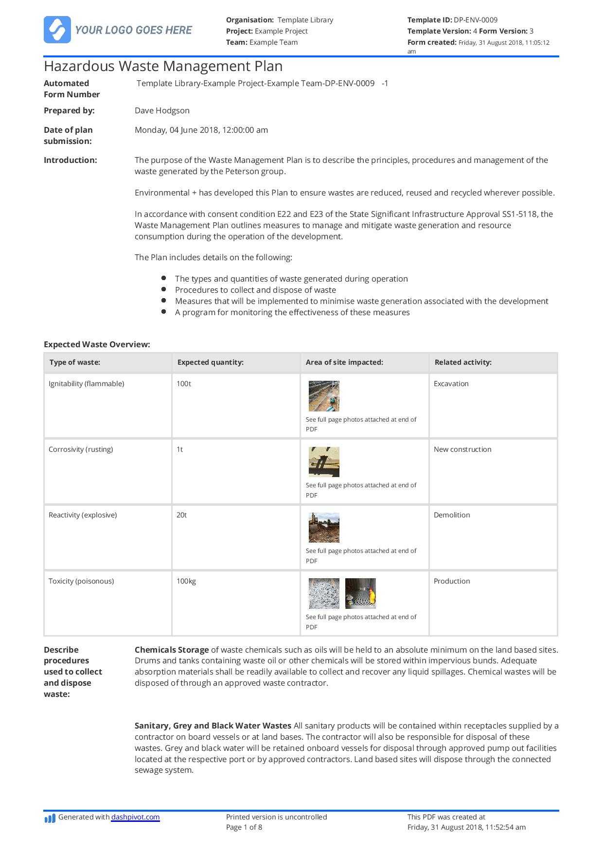 Hazardous Waste Management Plan Template - Free And Editable Inside Waste Management Report Template