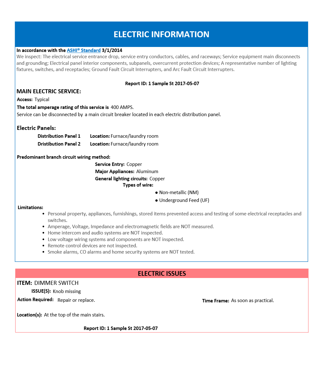 Home Inspection Report – Electric Page – Home Inspection Throughout Equipment Fault Report Template