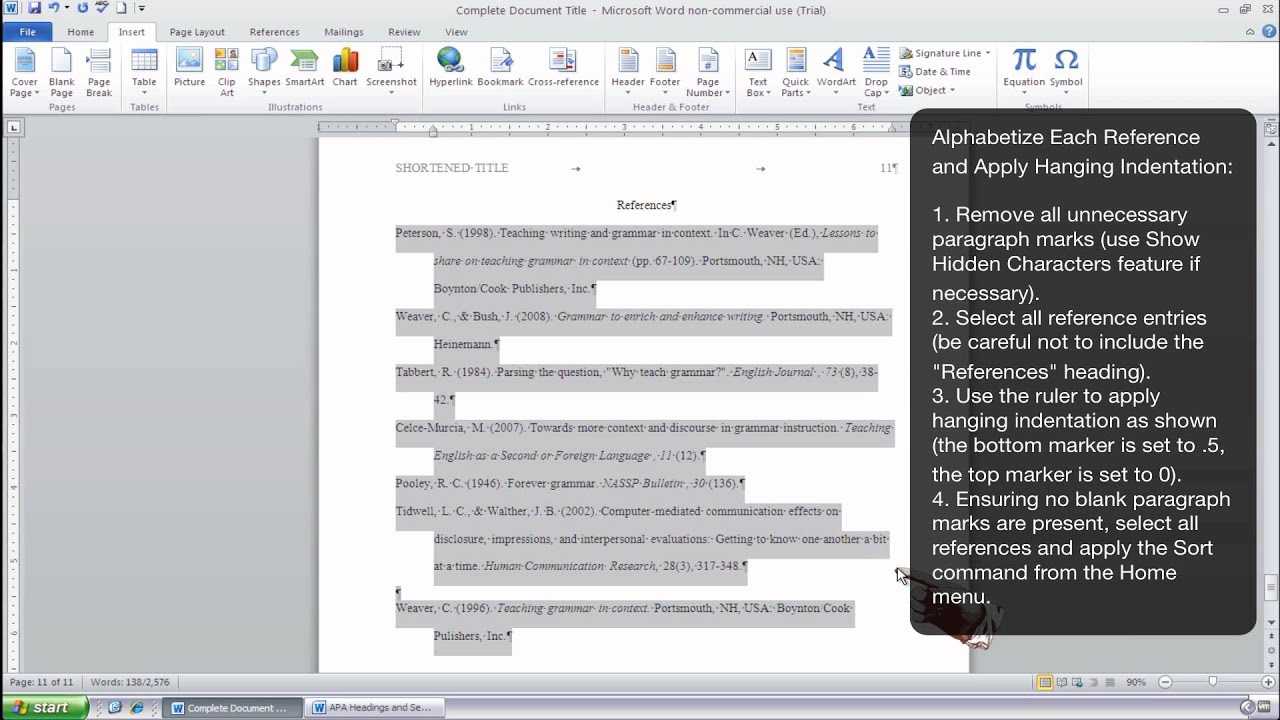 How To Format An Apa Style References Page Using Ms Word 2010 (Windows) Pertaining To Apa Template For Word 2010