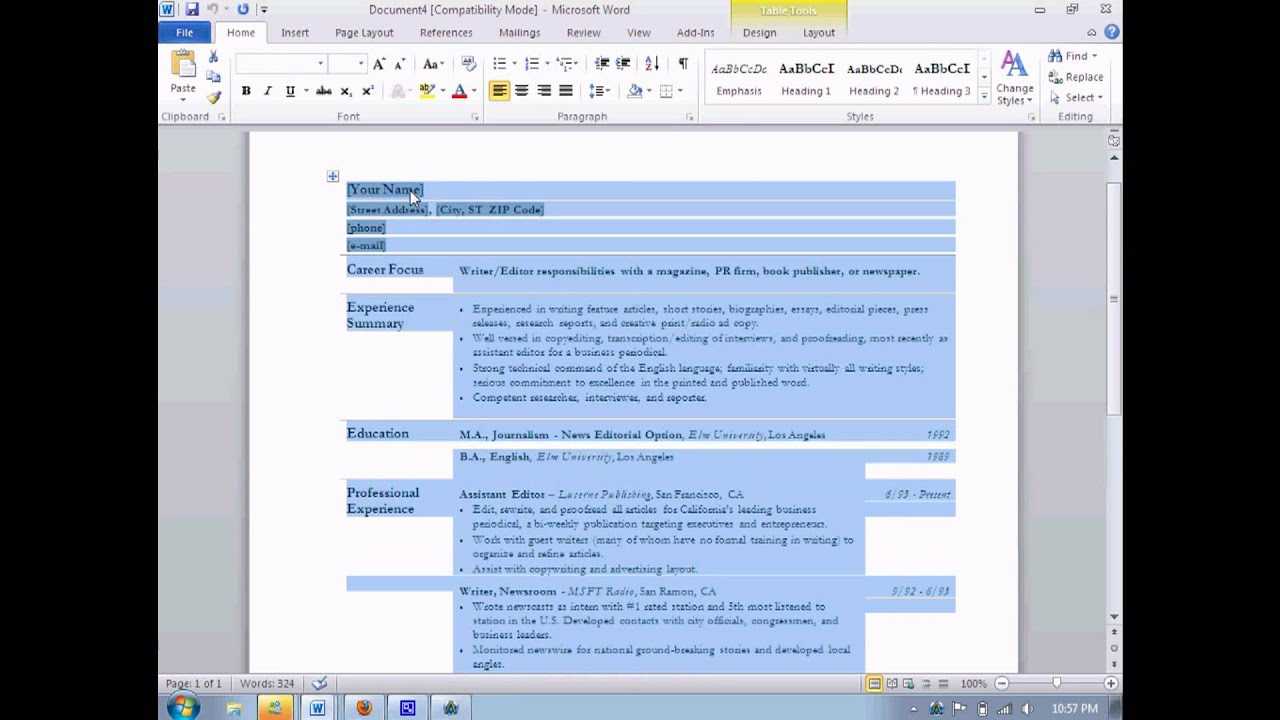 How To Make A Resume In Microsoft Word 2010. – Youtube Pertaining To Resume Templates Microsoft Word 2010