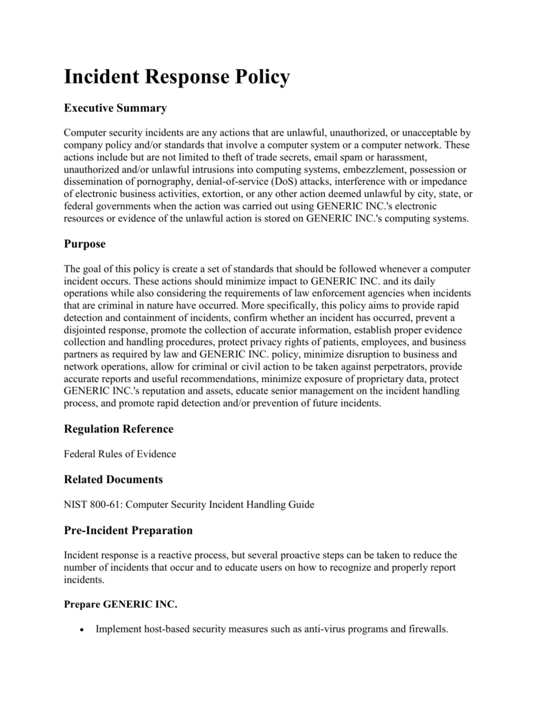 Incident Response Policy Executive Summary Computer Security Within Generic Incident Report Template