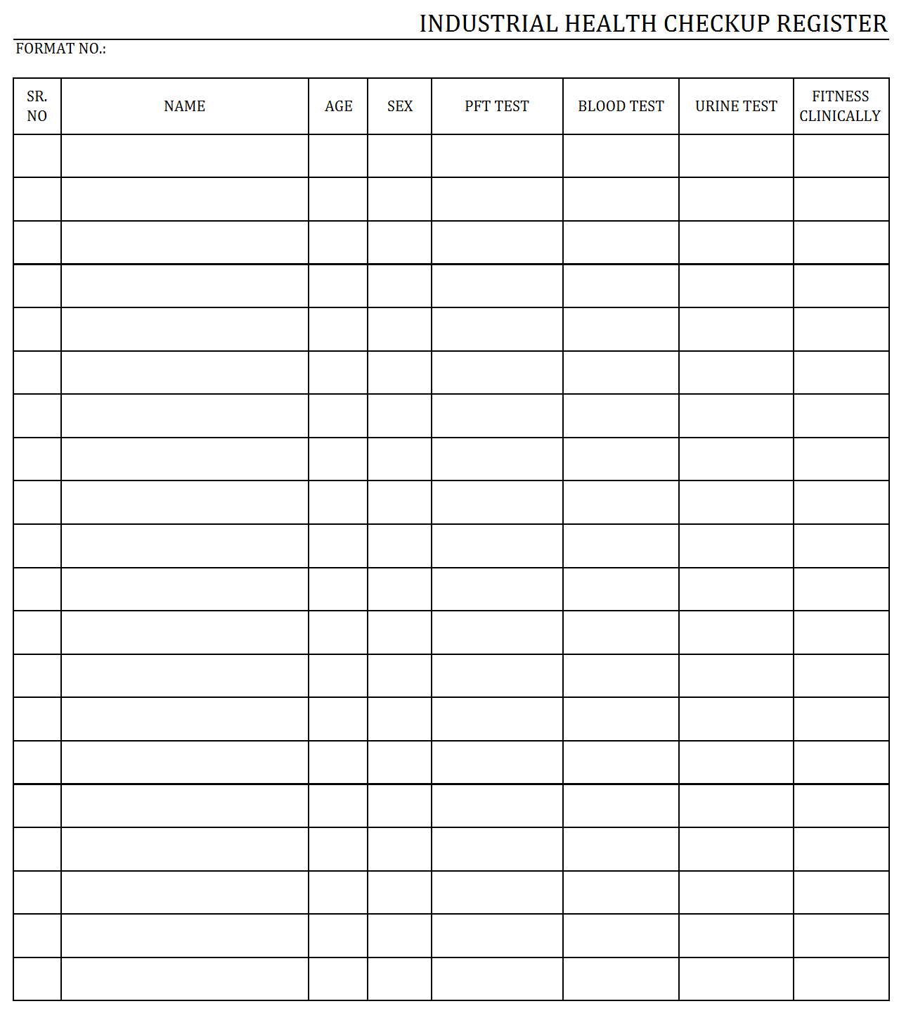 Industrial Health Checkup Register Format Word Pdf Report With