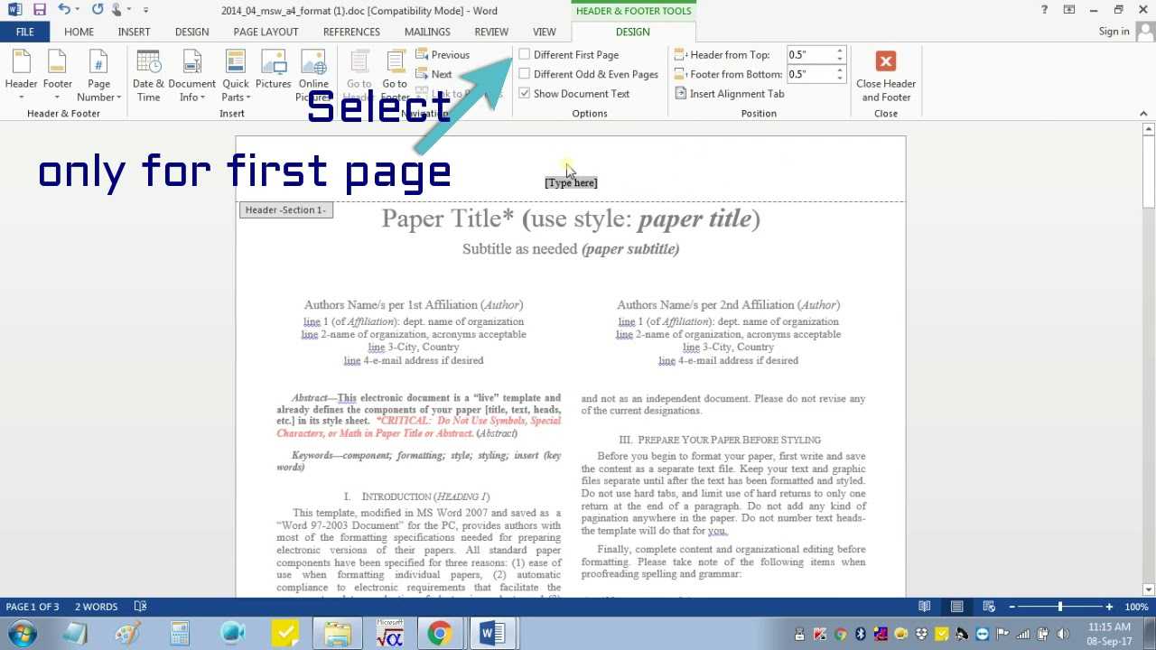 Insert Header Footer In Ms Word For Ieee Camera Ready Manuscript Inside Ieee Template Word 2007