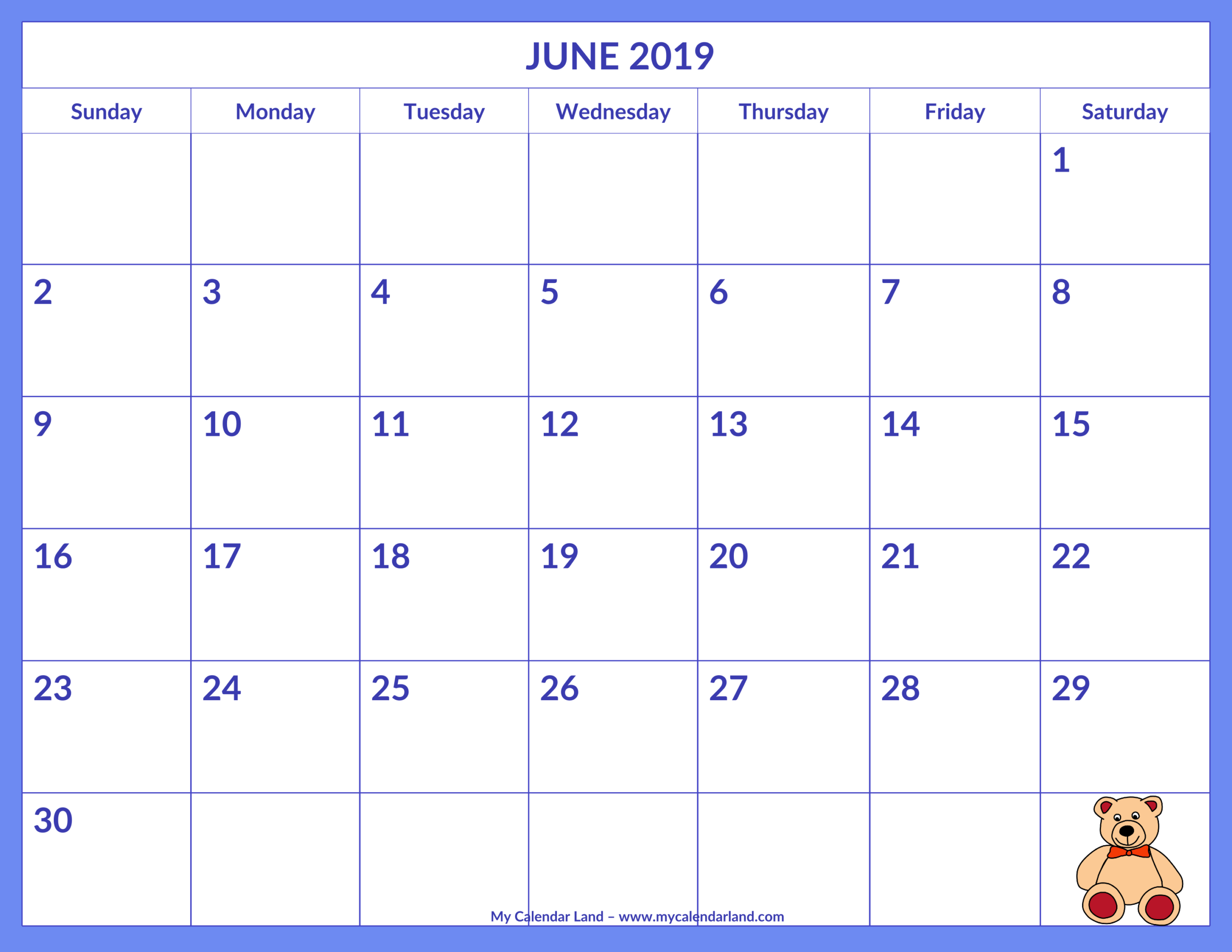 June 2019 Calendar – My Calendar Land Inside Blank Calendar Template For Kids