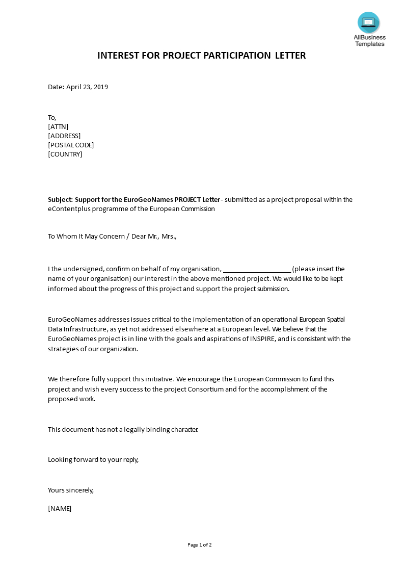 Letter Of Interest For Project Participation Sample | Templates For Letter Of Interest Template Microsoft Word