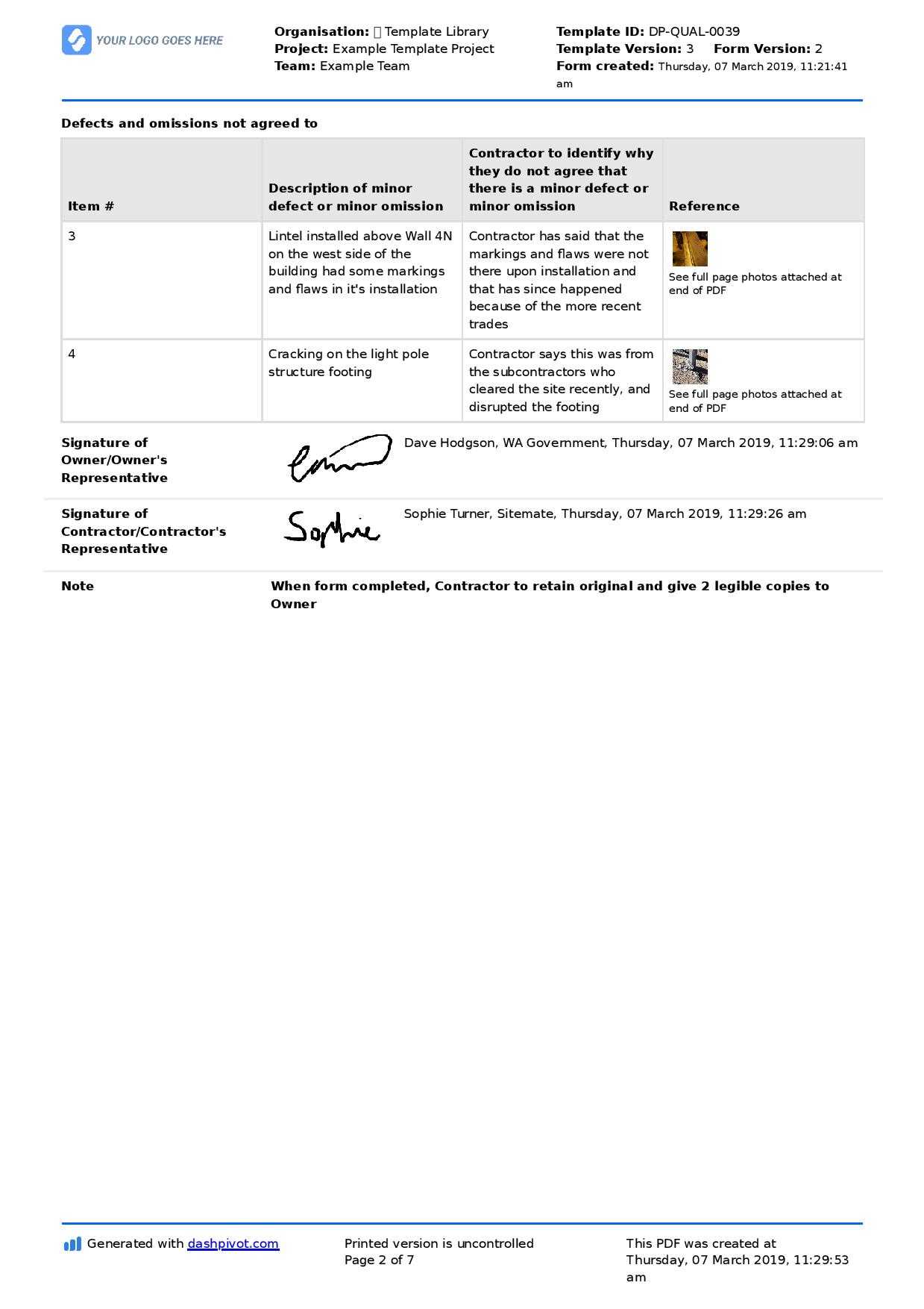 Letter To Contractor For Defective Work: Sample Letter And For Construction Deficiency Report Template