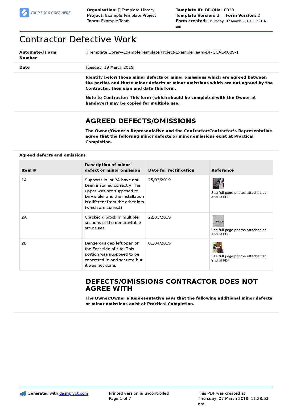 Letter To Contractor For Defective Work: Sample Letter And Inside Construction Deficiency Report Template