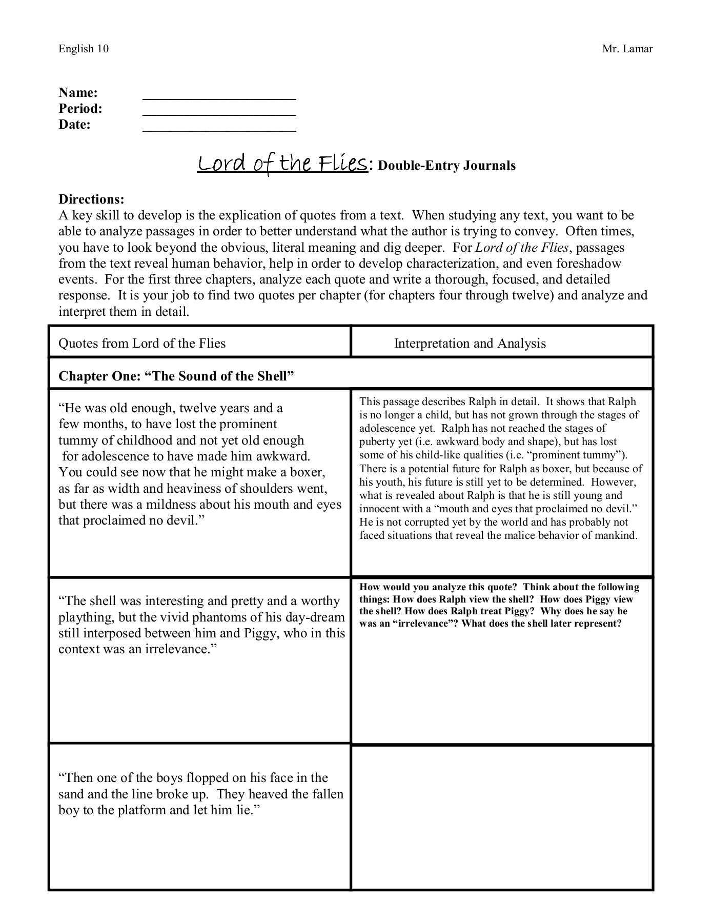 Lord Of The Flies:::: Double Entry Journals Pages 1 – 10 In Double Entry Journal Template For Word