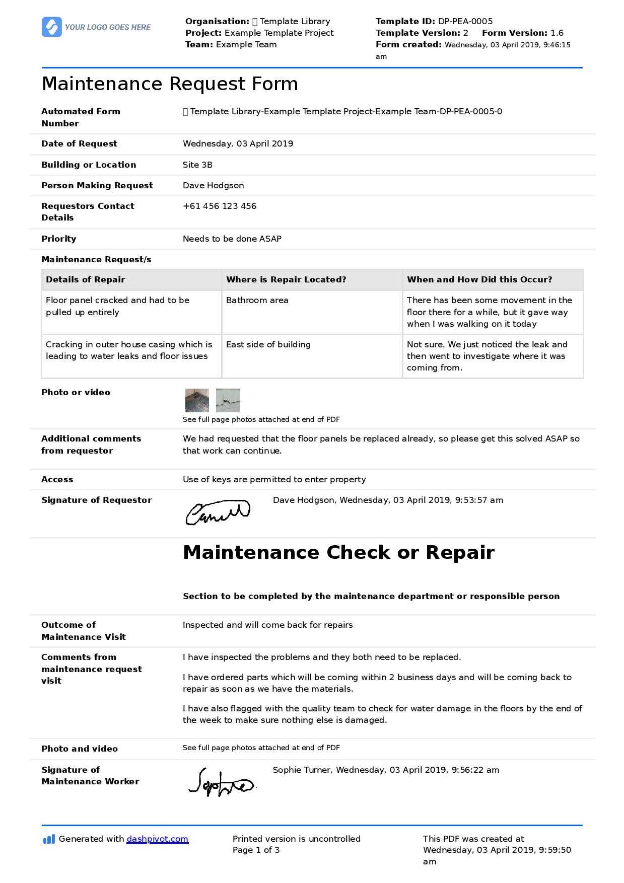 Maintenance Request Form Template (Better Than Pdf And Excel) Within Computer Maintenance Report Template