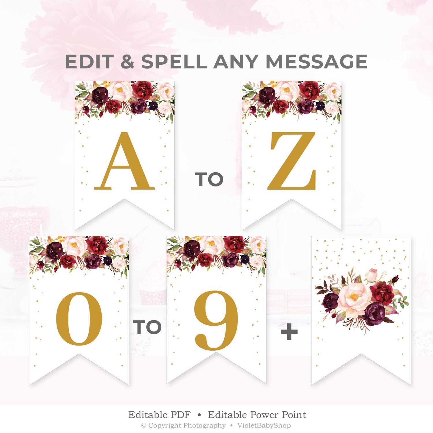 Marsala Custom Party Banner Template, Printable Burgundy Floral Pennant,  Blush Floral Baby Shower Banner Template Instant Download Mgfs6 Regarding Baby Shower Banner Template