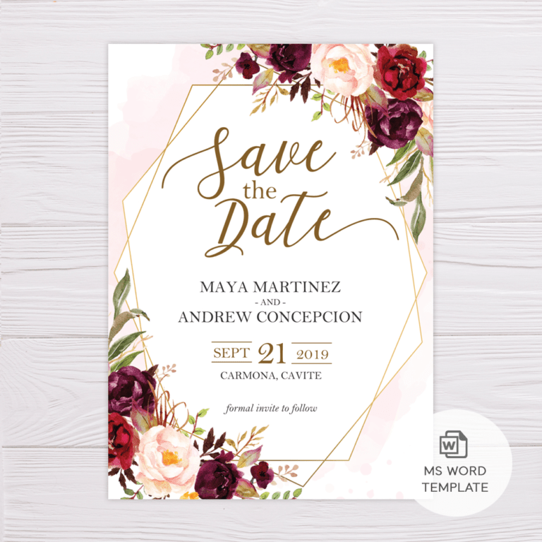 Marsala Flowers With Gold Frame Save The Date Template with Save The ...