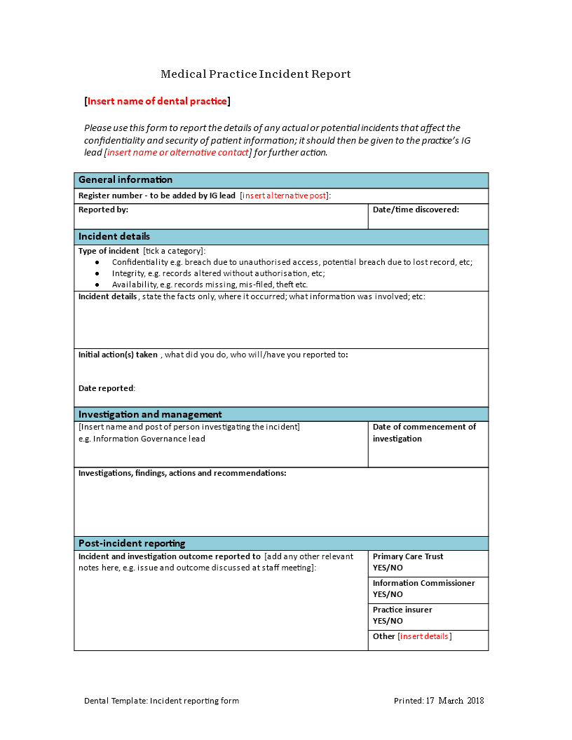 Medical Practice Incident Report | Templates At In Medical Report Template Doc