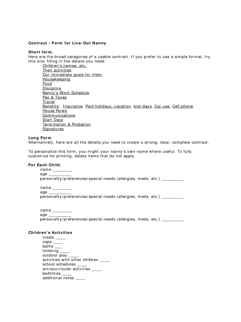 Nanny Contract Template – 2 Free Templates In Pdf, Word With Regard To Nanny Contract Template Word