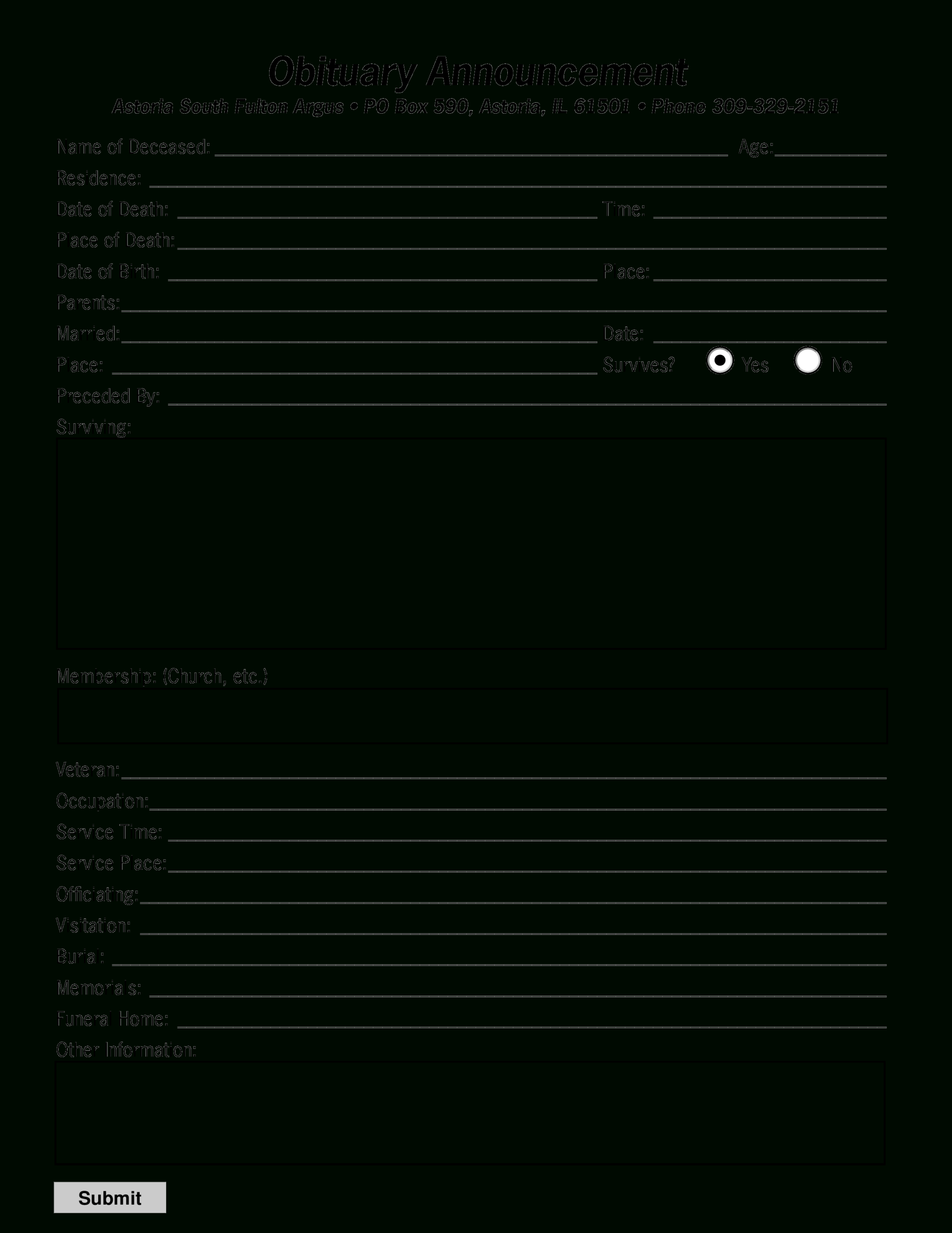 Obituary Announcement Sample | Templates At Regarding Fill In The Blank Obituary Template