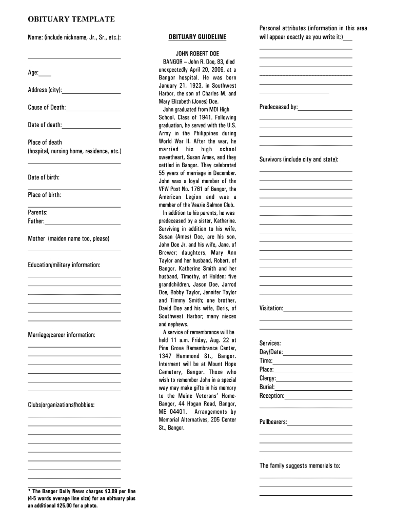 Obituary Template – Fill Online, Printable, Fillable, Blank Regarding Obituary Template Word Document