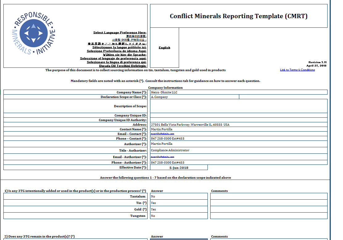 Ohmite – Conflict Minerals Reporting Template (Cmrt) – Rell Regarding Conflict Minerals Reporting Template