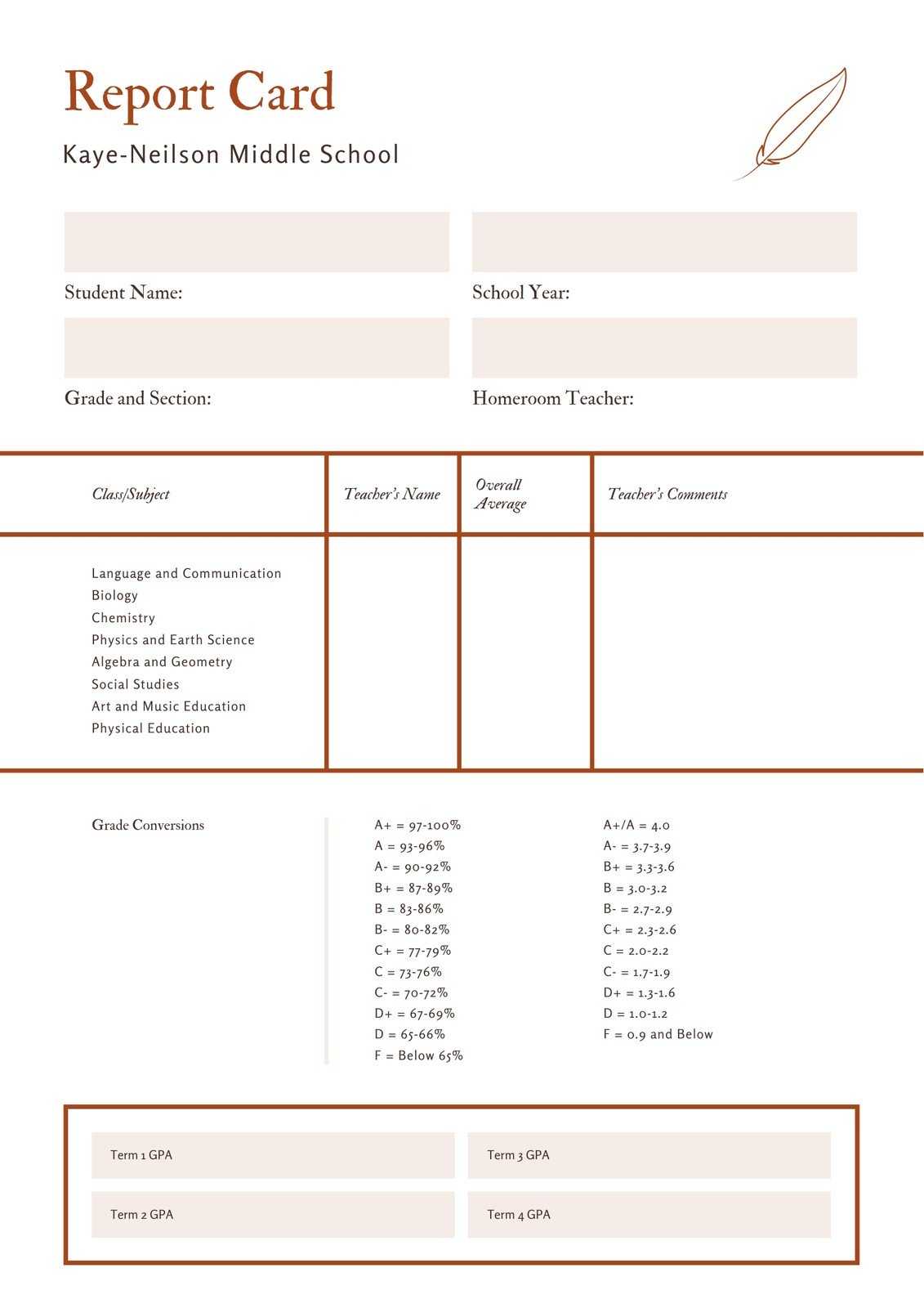 Orange And White Paper And Quill Middle School Report Card For Report Card Template Middle School