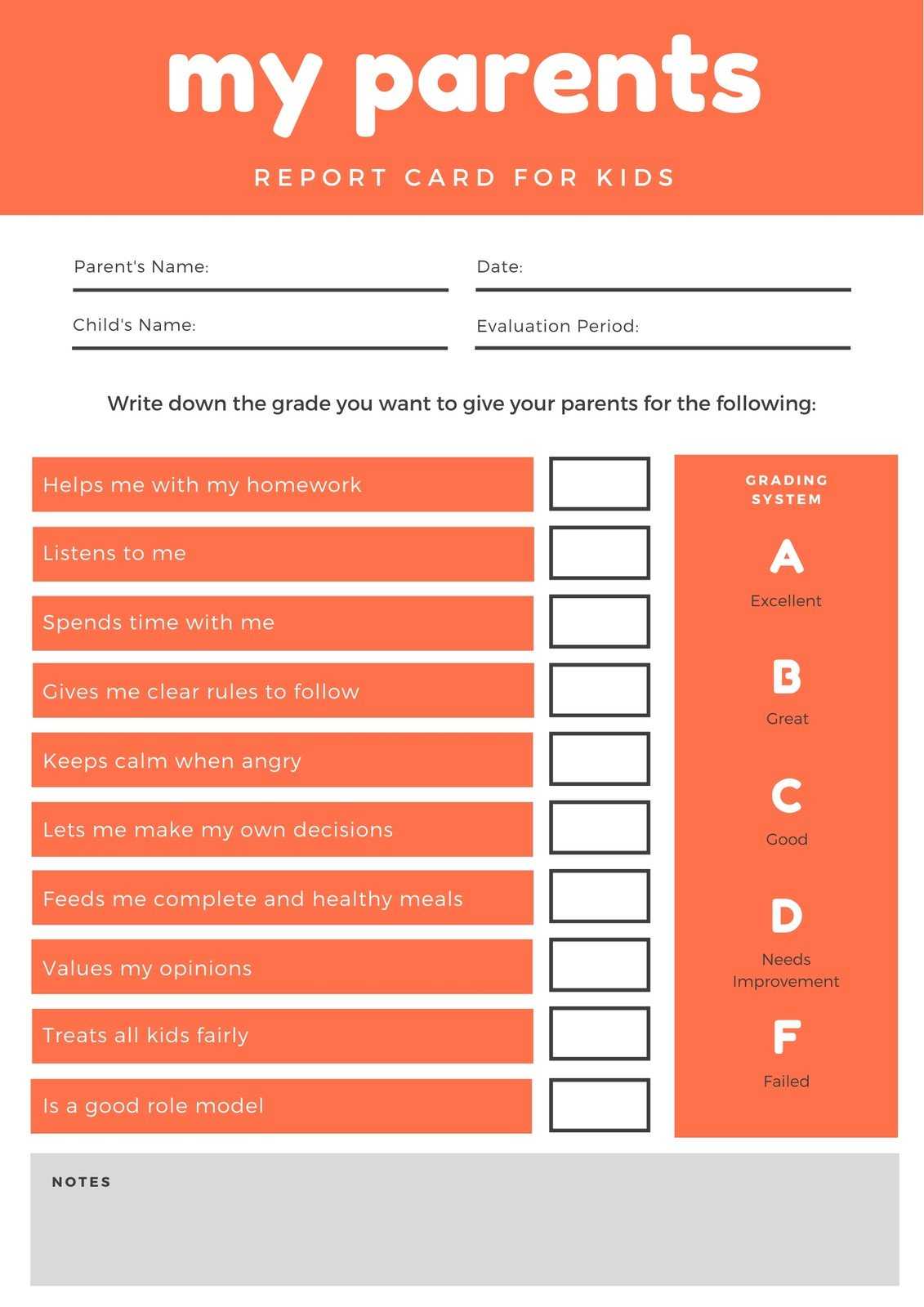Orange Boxes Parent Report Card – Templatescanva In Boyfriend Report Card Template