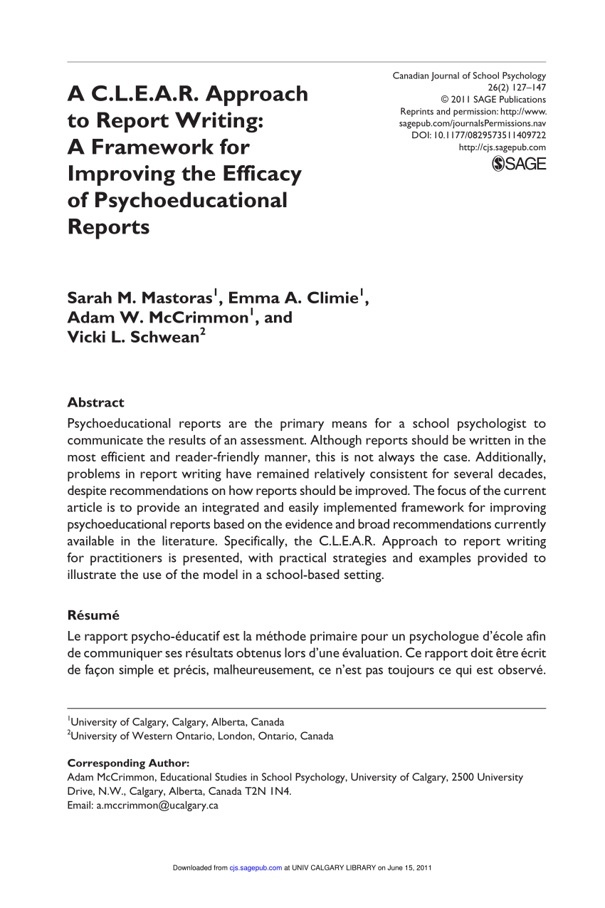 Pdf) A C.l.e.a.r. Approach To Report Writing: A Framework Pertaining To Psychoeducational Report Template