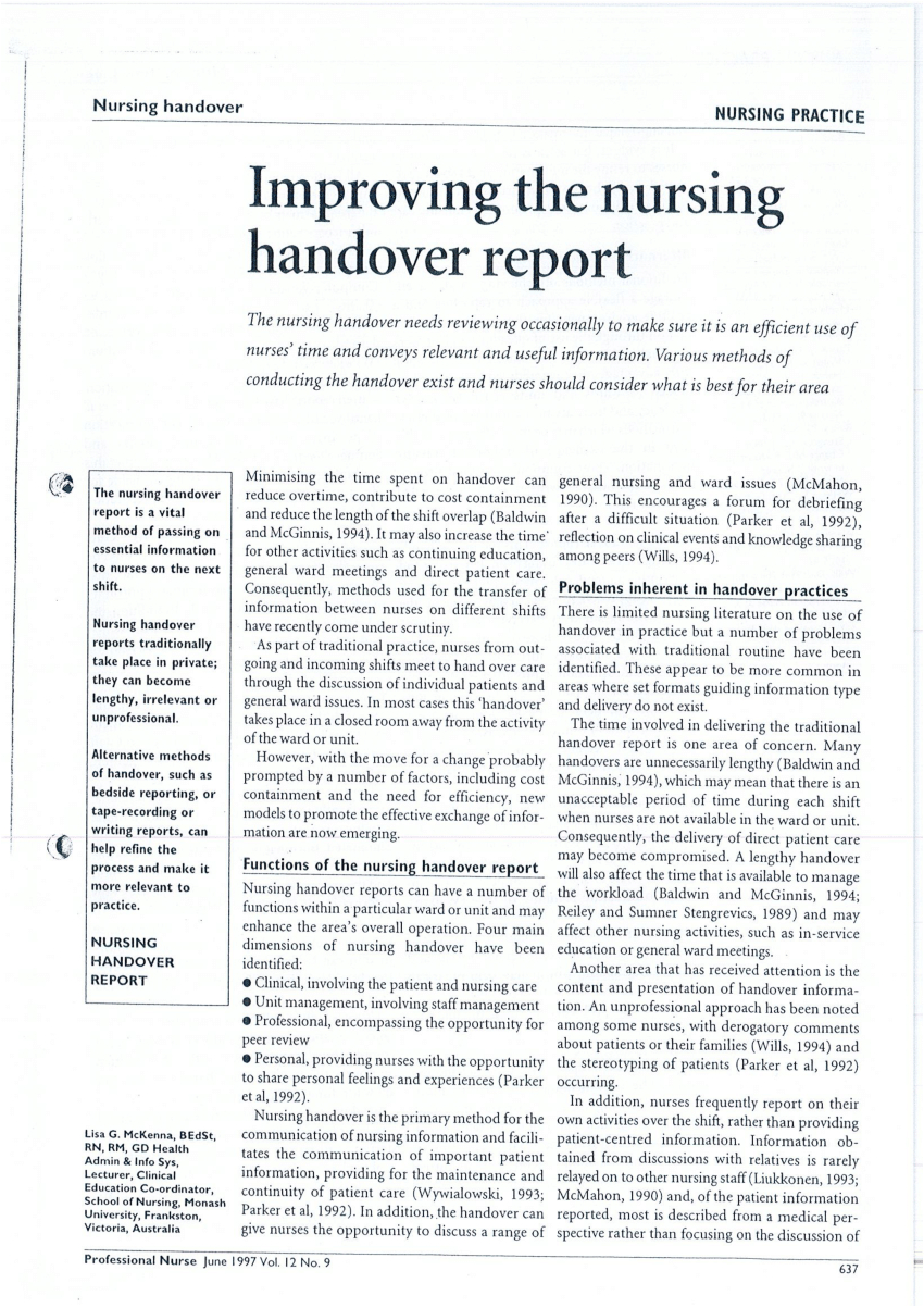 Pdf) Improving The Nursing Handover Report Inside Nursing Handoff Report Template
