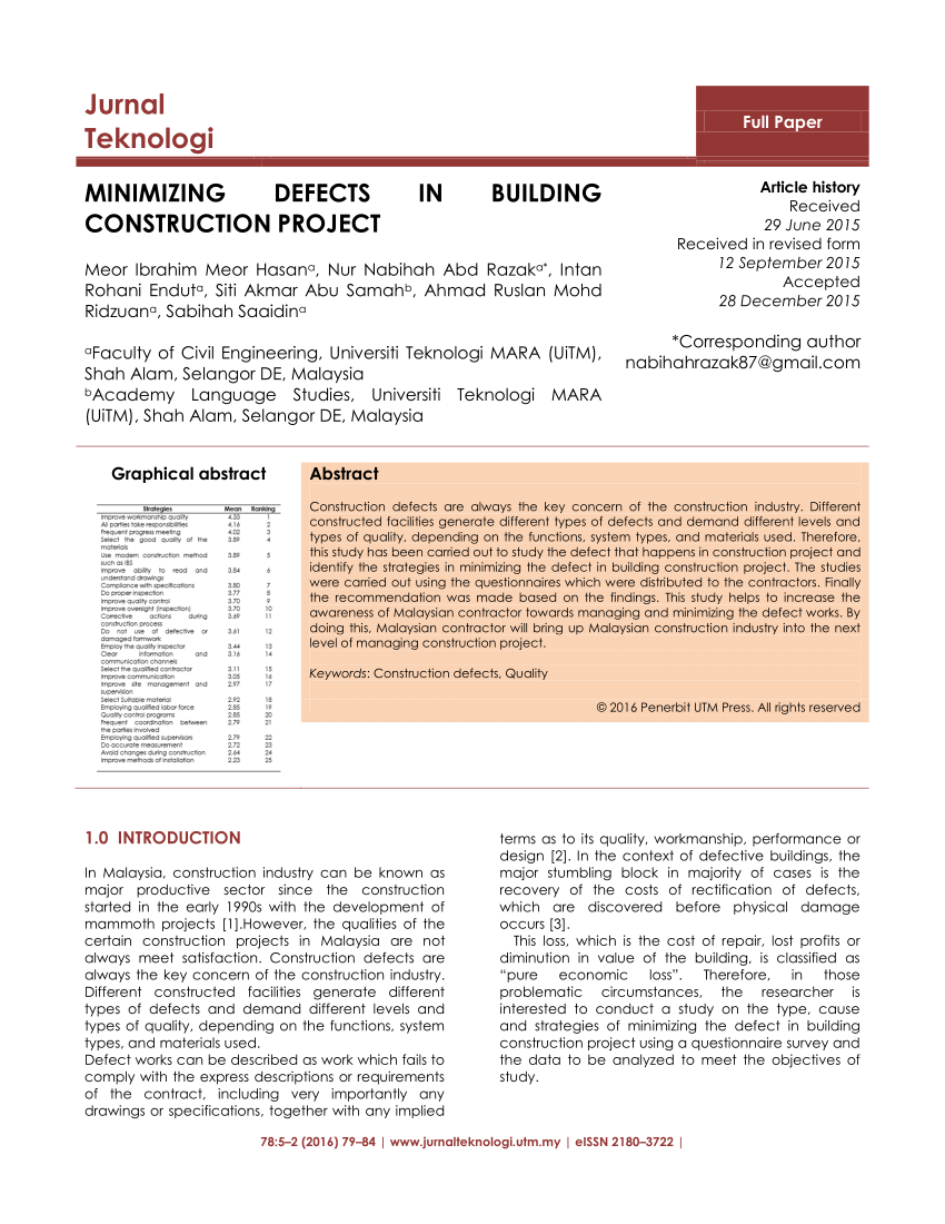 Pdf) Minimizing Defects In Building Construction Project Intended For Construction Deficiency Report Template