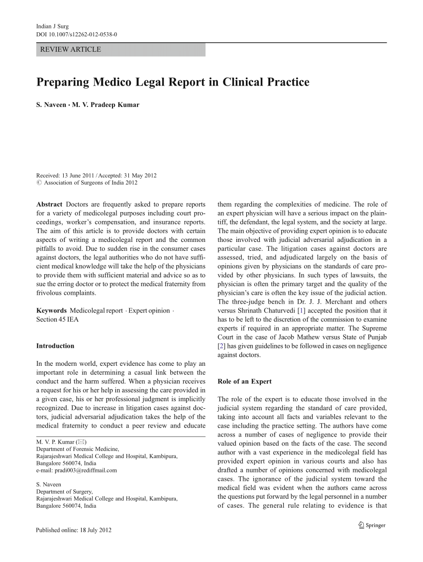 Pdf) Preparing Medico Legal Report In Clinical Practice With Medical Legal Report Template